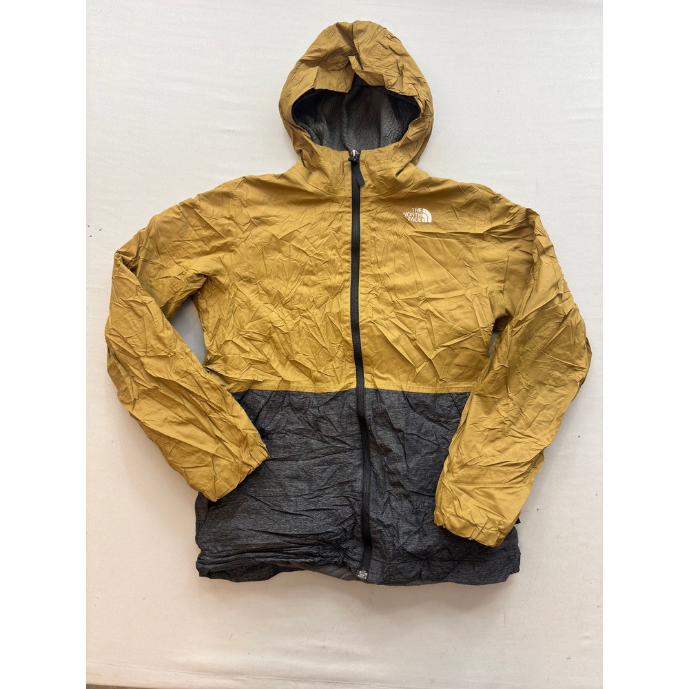 The North Face Boys XL 18/20 Hooded Windbreaker Jacket Fleece Lined Yellow Gray